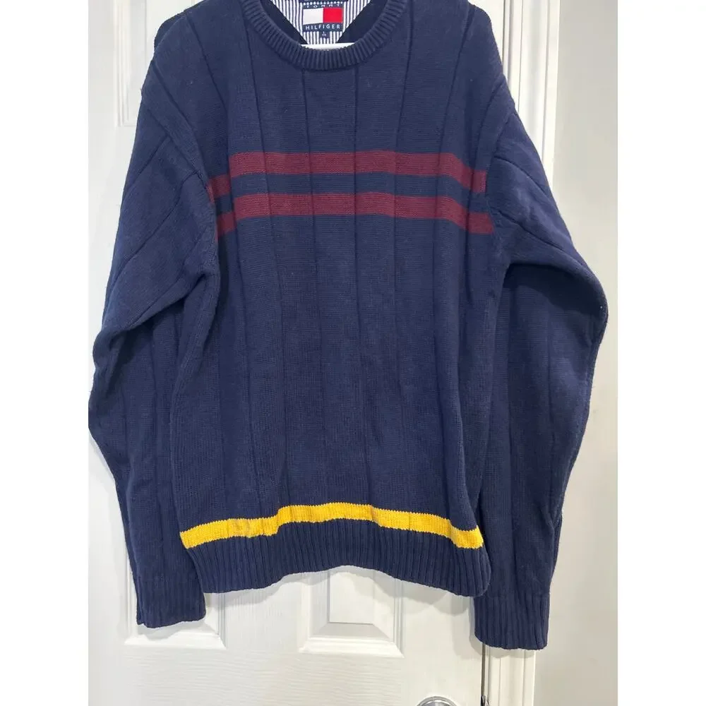Vintage 90s Tommy Hilfiger Striped Knit Sweater Mens Large Navy Yellow
